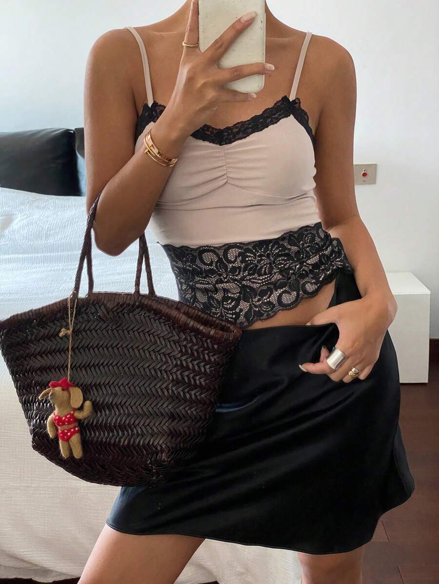 DAZY Sheer Lace Trim Color Block Fitted Camisole For Women - Pink - View 1