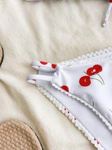 SHEIN Leap Crew Teen Girls Seaside Vacation Cute Cherry Print V-Neck Bikini Set, Beach Outfit Bathing Suit Summer,Summer Beach - Red and White - View 7