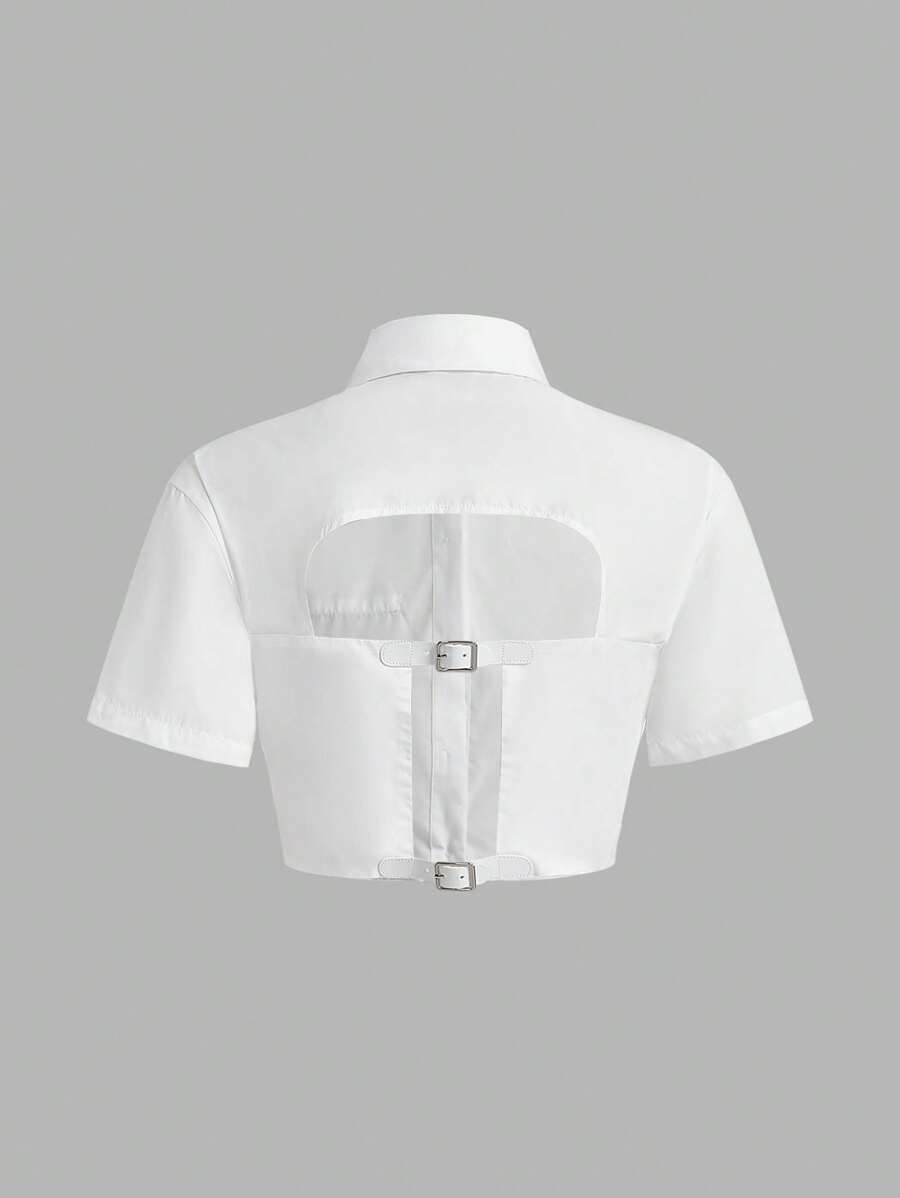 SHEIN EZwear Women's White Woven Backless Cut-Out Back Crop Top - White - View 1