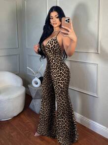 SHEIN SXY Women's Leopard Print Deep V Backless Spaghetti Strap Jumpsuit Cheetah Print Animal Print