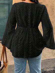 Calvaya Plus Size Elegant V-Neck Floral Embroidered Flared Sleeve Blouse - Black - View 2