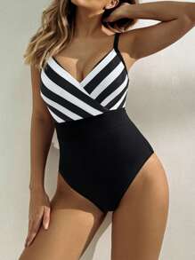 SHEIN Swim 游泳夏季海滩度假服装女士黑白连体泳衣