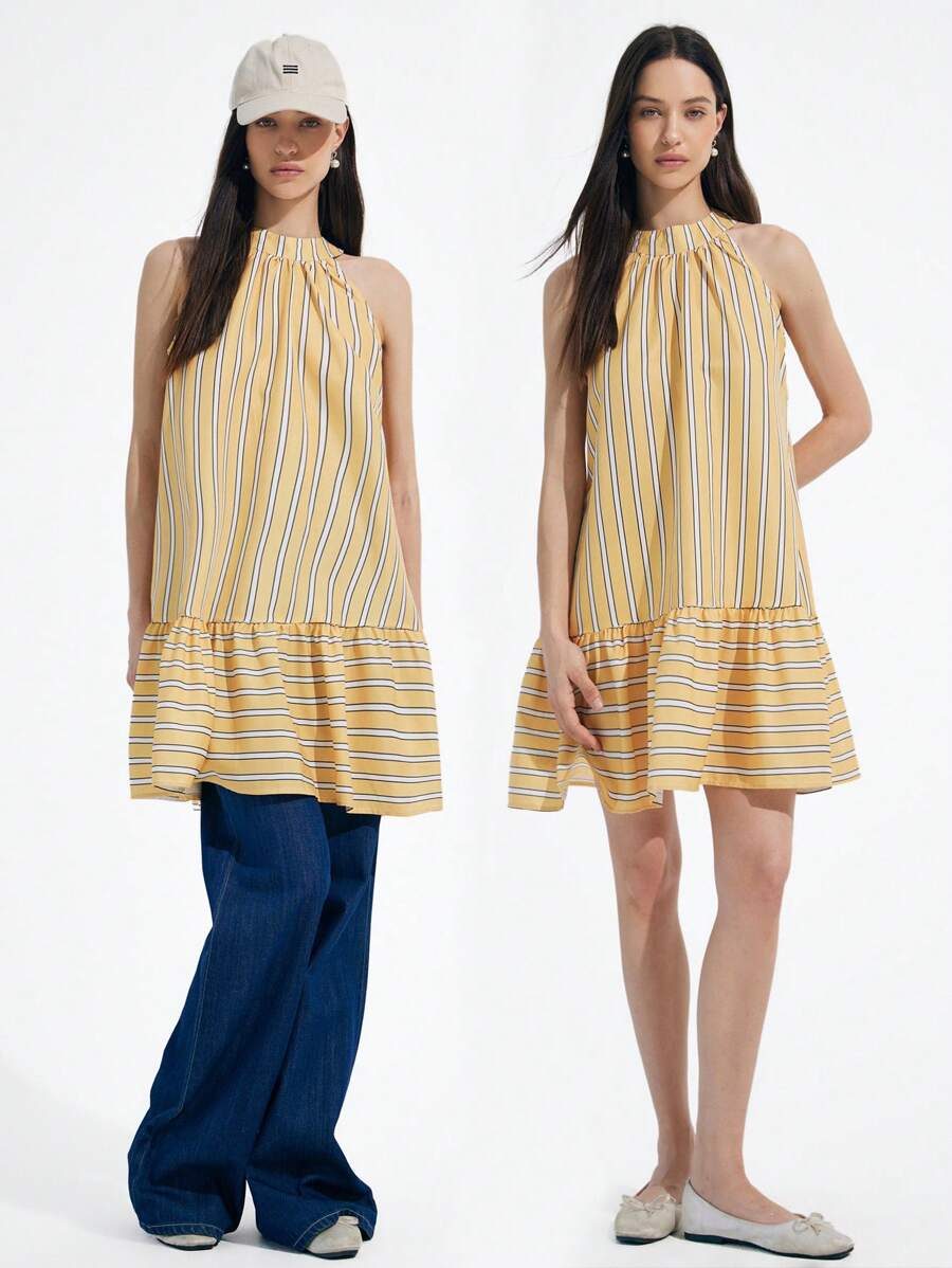 Aveloria New Stylish French Holiday Resort Young Lady Casual Sleeveless Tied Up Loose Mini Dress With Contrast Striped A-Line Skirt - Yellow - View 1