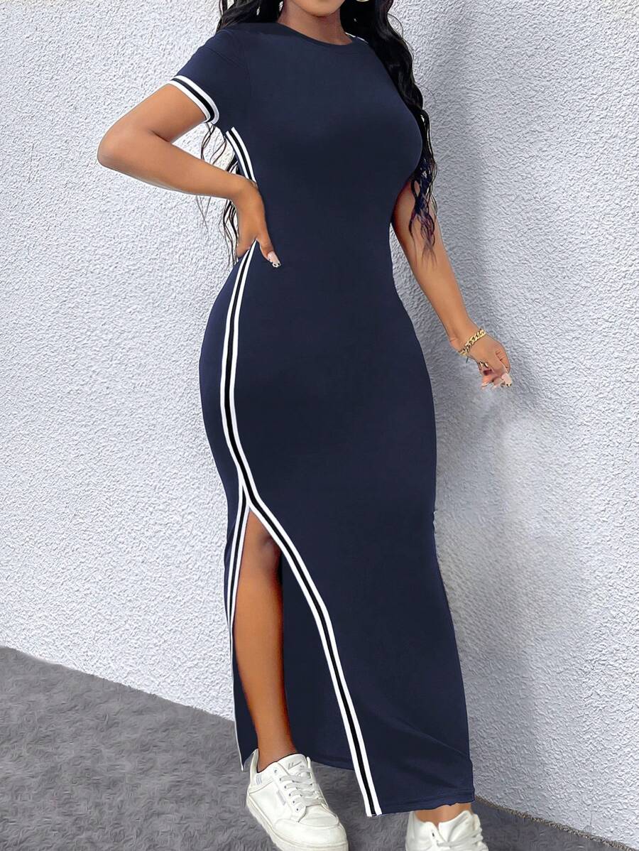 Xyvia Women's Slim Fit Round-Neck Contrasting Color Trim Split Dress For Spring And Summer Maxi Women Outfit - Navy Blue - View 1