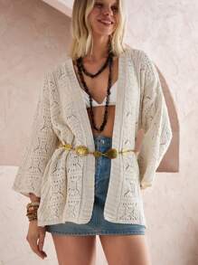 EURMUSE Áo kimono mùa hè BOHO dành cho nữ có tua rua đan hở, - Màu be - Xem 5