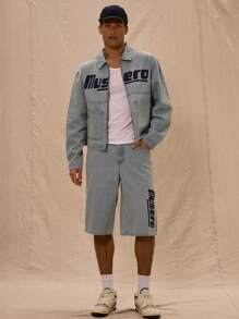 "Musero" Slogan Print Longline Denim Shorts Spring Summer Easter - Blue - View 1