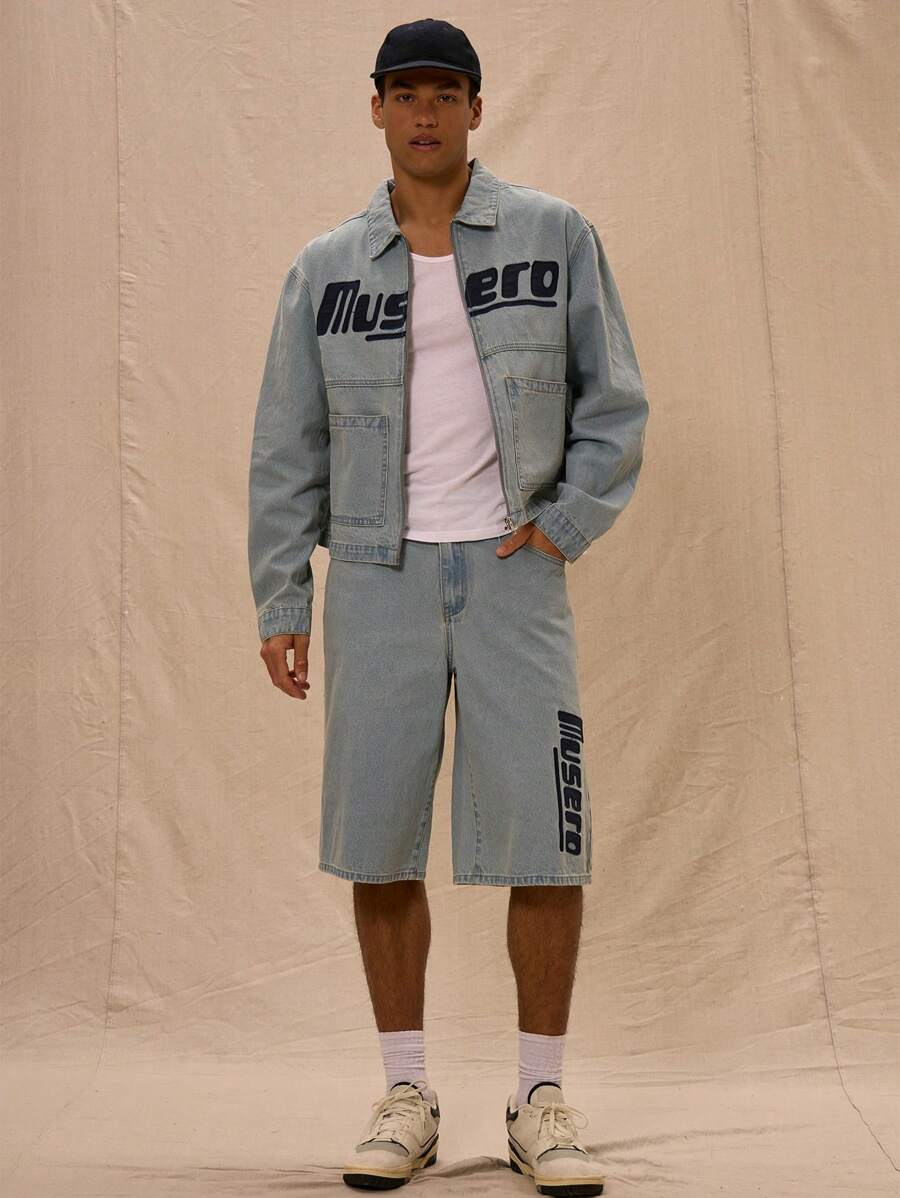 "Musero" Slogan Print Longline Denim Shorts Spring Summer Easter - Blue - View 1