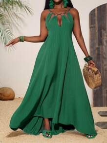 Slaydiva New Spring And Summer Casual Holiday Sling Ring Decoration Hollow Asymmetric Hem Loose And Elegant Long Skirt Green Striped Woven Women's Maxi Dress-B