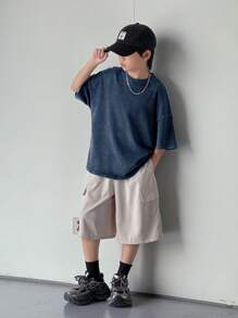 SHEIN 青少年男孩休闲韩版水洗色超大宽松圆领短袖针织 T 恤，适合学校、花园、海滩、生日派对、春季、夏季、秋季、冬季 - 藍色 - 查看 5