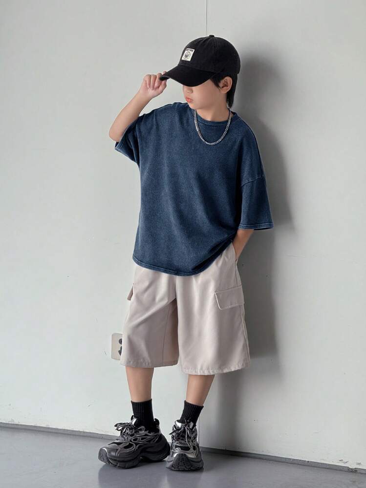 SHEIN 青少年男孩休闲韩版水洗色超大宽松圆领短袖针织 T 恤，适合学校、花园、海滩、生日派对、春季、夏季、秋季、冬季 - 藍色 - 查看 5
