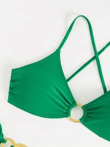 SHEIN Swim 2PCS Women's Sexy Criss-Cross Strap Gold Ring Green Bikini Swimsuits, For Beach, Pool Party, Summer - Green - View 4