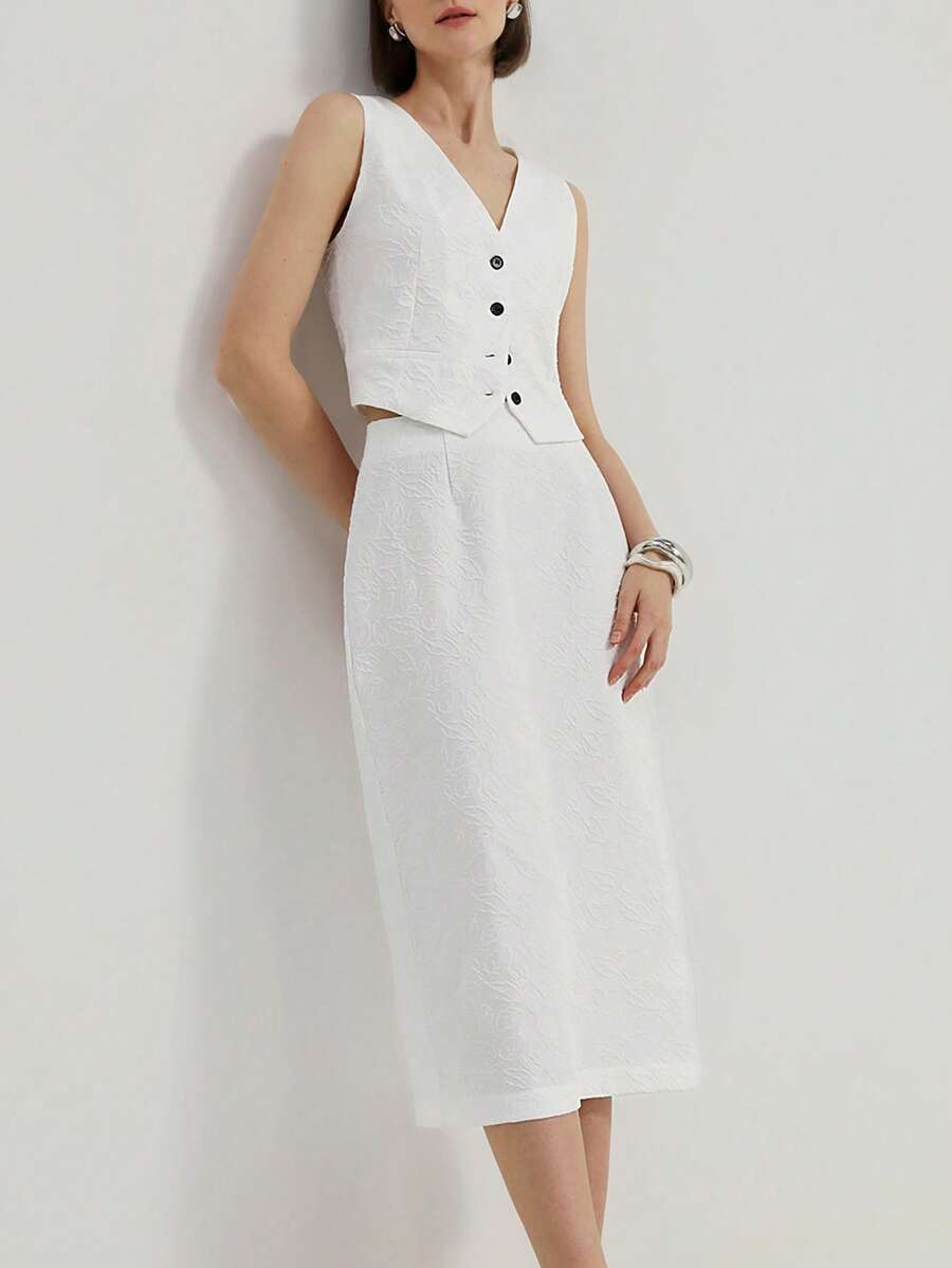 SHEIN Unity 优雅商务V领无袖马甲外套和铅笔裙提花面料两件套西装套装女 - 白色 - 查看 1