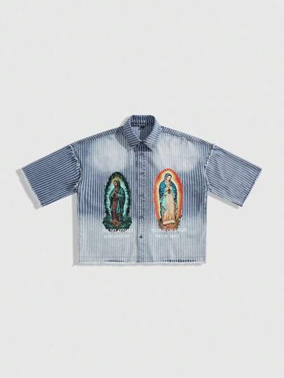 Street Life Men's Summer Religious Casual Striped And Virgin Mary Print Denim Top