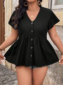SHEIN LUNE Camisa de manga corta con cuello en V y talla grande, casual y de moda para el verano, top de verano para mujer, vacaciones, playa para mujer - Negro - Ver 7