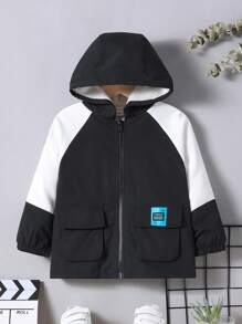 SHEIN Áo khoác trẻ em phong cách đường phố giản dị dễ thương 3d có túi, chữ dệt nhãn rộng rãi nhiều màu có mũ trùm đầu lót nhiệt, cho mùa thu đông - Đen và trắng - Xem 3