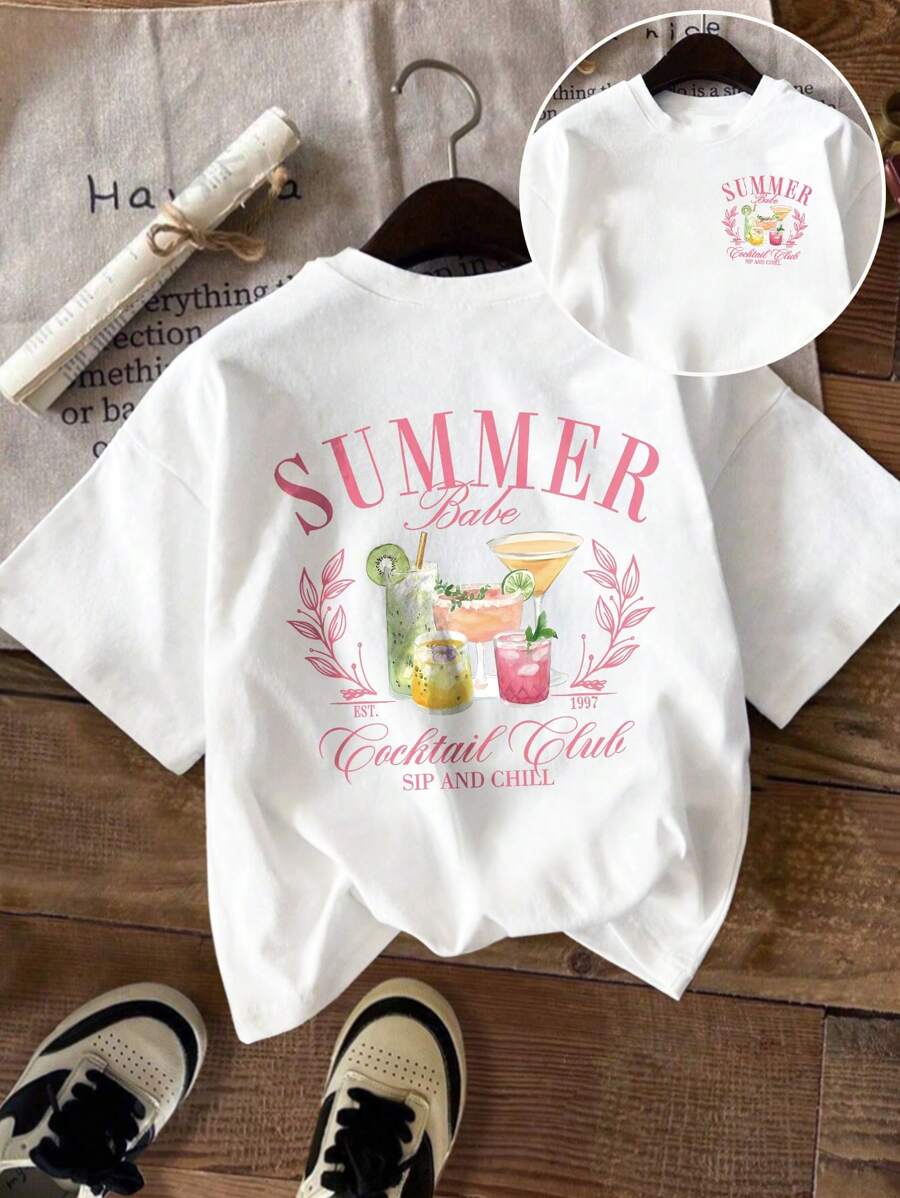 Flirla 大码女式饮料图案印花圆领短袖休闲 T 恤 - 白色 - 查看 1