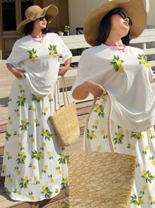 SHEIN MOOSTA Plus Size Women 2pcs Lemon Print Short Sleeve Round Neck T-Shirt And Skirt Set - White - View 1