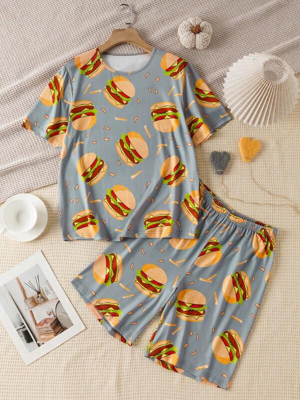 FamilyFrolics Conjunto de pijama con top de manga corta y pantalón corto con estampado total para adolescentes