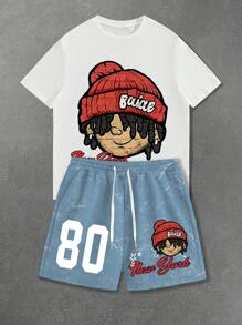 Manfinity EMRG Conjunto de Camiseta de Manga Curta e Shorts Simples e Fashion Plus Size Masculino, Adequado para o Verão, Conjunto de Shorts Hip Hop Masculino de Duas Peças - Multicolorido - Visão 1