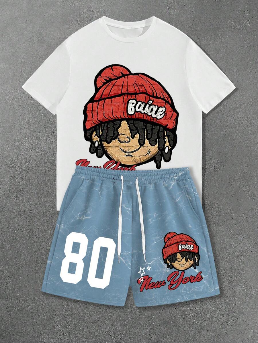 Manfinity EMRG Conjunto de Camiseta de Manga Curta e Shorts Simples e Fashion Plus Size Masculino, Adequado para o Verão, Conjunto de Shorts Hip Hop Masculino de Duas Peças - Multicolorido - Visão 1