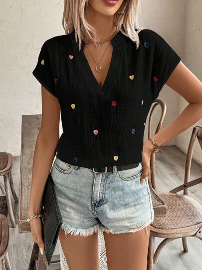 Breezaya Women's Heart Embroidered V-Neck Batwing Short Sleeve Casual Blouse
