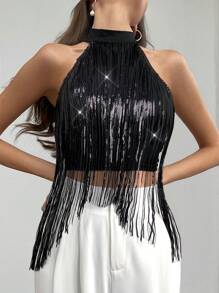 Firerie Women's Elegant Party Sexy Tassel Top - Black - View 6