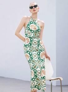 SHEIN Privé Bohemian Jacquard Vacation Halter High Split Ruched Open Back Sleeveless Dress For Women