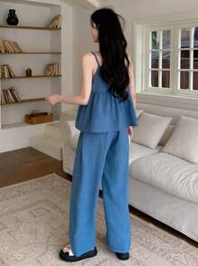 DAZY 2pcs/Set Women Summer Casual Solid Color Camisole And Long Pants,Ruffle