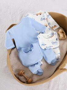 2 件套新生男婴汽车卡通全身印花趣味长袖连脚连体衣 + 围兜套装，适合所有季节婴儿服装套装新生儿套装男孩柔软婴儿服装新生男婴服装婴儿服装套装男女通用婴儿服装新生儿男女通用服装新生儿婴儿服装男女通用纯棉夏装夏季睡衣假日旅行休闲夏装纯棉婴儿服装新生儿婴儿服装男童 - 藍白色 - 查看 2