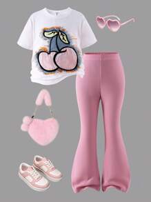 SHEIN 2pcs Young Girl Girls Casual Outfit Set - White Embroidered Cherry Knit Round Neck Tee + Pink Flared Pants, Comfortable Summer Suit For Children