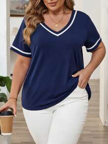 EMERY ROSE Große Größen V-Ausschnitt Kurzarm T-Shirt, einfach & modisch, geeignet für Sommer, Sommer für Frauen, Rave, Easter Curve, Country Konzert