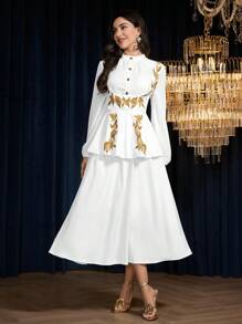 Modelyn 2 件女士花卉印花雪纺拼接优雅浪漫套装 - 白色 - 查看 6