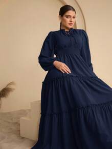 Graceveil Women's Elegant Navy Blue Maxi Dress: Long Sleeve, Shirred Waist, And Tiered Layered Hem - Navy Blue - View 5