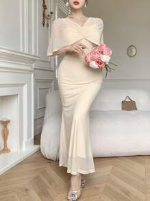 DAZY Women's Solid Color Ruffle Cape Design Mermaid Style Midi Elegant Dress - Apricot - View 7