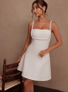 Anewsta Savoree Women's Elegant White Pearl Chain Detail Spaghetti Strap Fitted Dress, Classy & Simple Luxury Fashion Cocktail Party Dress, Suitable For Summer, Beach, Festival, Holiday - White - View 3