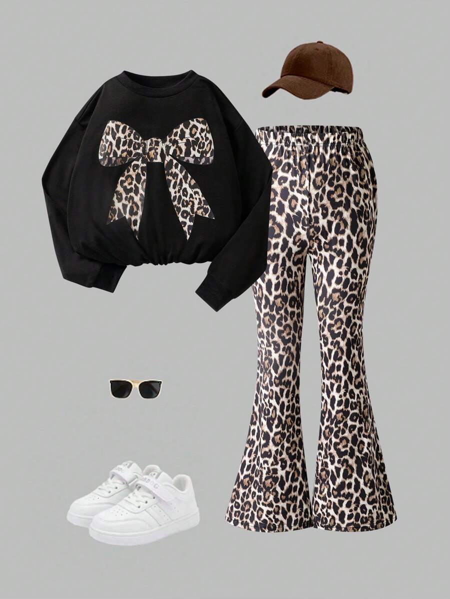 2pcs/Set Tween Girls Cute Leopard Print Bow Pattern Pullover Hoodie & Flare Pants Set, Versatile Outfit For Autumn/Winter - Black - View 1