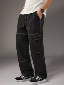 RueChic Men Dark Washed Contrast Stitch Cargo Pockets Straight Fit Jeans - Black - View 1
