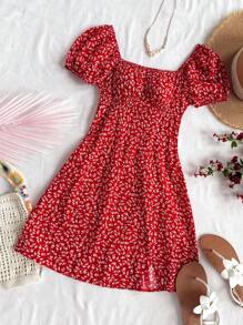 SHEIN WYWH Women's Vacation Blue Dot & Ditsy Floral Puff Sleeve A-Line Mini Dress With Slit Hem