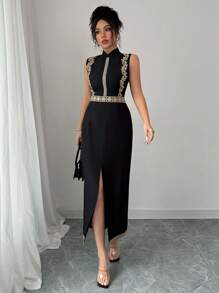 Rafferiza Elegant Fashion Daily Versatile Stand Collar Sleeveless Gold Embroidered Lace Patchwork Waist Dress For Women - Black - View 3