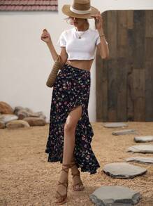 Breezaya 小碎花印花荷叶边不对称下摆半身裙，女士波西米亚风荷叶边，开叉大腿长款常规版型高腰黑色小碎花女式半身裙，春夏，休闲日常穿着超长度假沙滩裙 - 寶藍色 - 查看 4