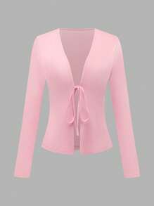 EMERY ROSE 2pcs/Set Women Solid Front Tie Long Sleeve Top And Floral Print Tube Dress Fall Cloth For Women