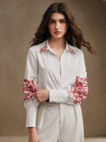 Anewsta 女士百搭刺绣镂空设计衬衫，适合办公室和城市通勤，春秋季节穿着