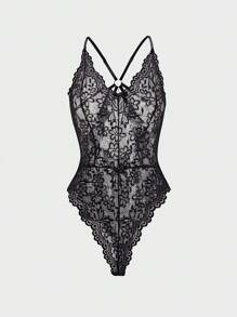 Mono ajustado con escote espalda al aire, encaje y cadena de perlas - Negro - Ver 6