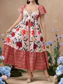 Flirla Simple Casual Vintage Positioning Print Cinched Waist Loose Fit Cap Sleeve A-Line Dress, Bohemian Dress For Beach Vacation