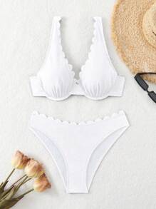 SHEIN Swim Women Beach Outfits Solid Color Deep V Sexy Burnout Crafted Steel Wire White Bikini Swimsuits Set For Summer Beach Vacation - White - View 7