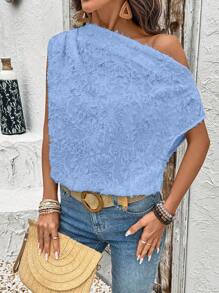 SHEIN Clasi 女士纹理荷叶边不对称肩部超大休闲优雅衬衫 - 淺藍色 - 查看 7