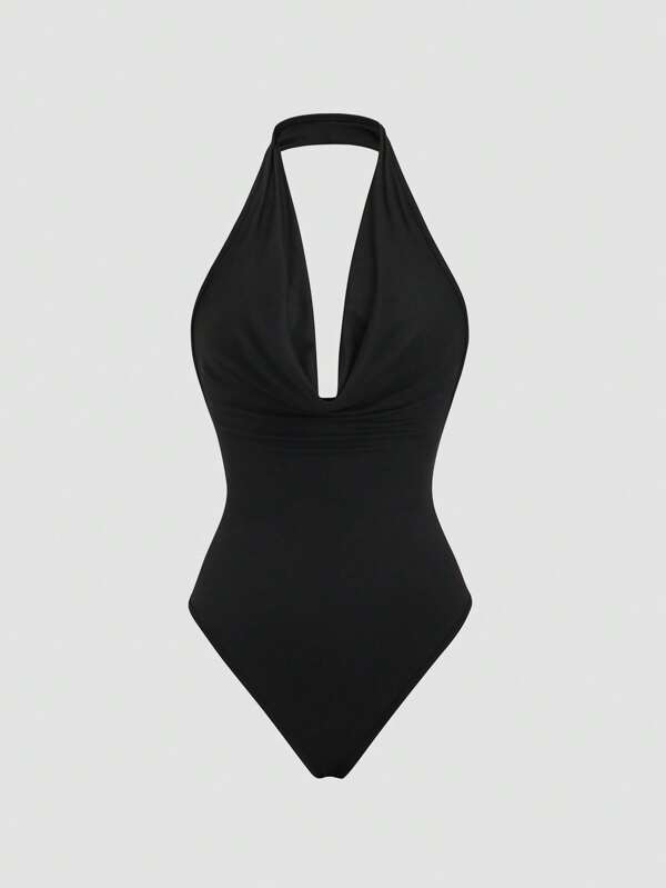 SHEIN PETITE Women's Black Deep V-Neck Halter Open Back Bodysuit, Super Stretchy & Soft, Comfortable Minimalist Casual Everyday Bodysuit For Petite Women, Spring/Summer