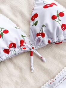 SHEIN Leap Crew Teen Girls Seaside Vacation Cute Cherry Print V-Neck Bikini Set, Beach Outfit Bathing Suit Summer,Summer Beach - Red and White - View 8