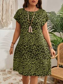 EMERY ROSE Váy thường ngày tay ngắn họa tiết da báo cỡ lớn, thời trang tối giản cho trang phục hàng ngày, trang phục đi nghỉ cho phụ nữ, quần áo mùa hè - xanh quân đội - Xem 3
