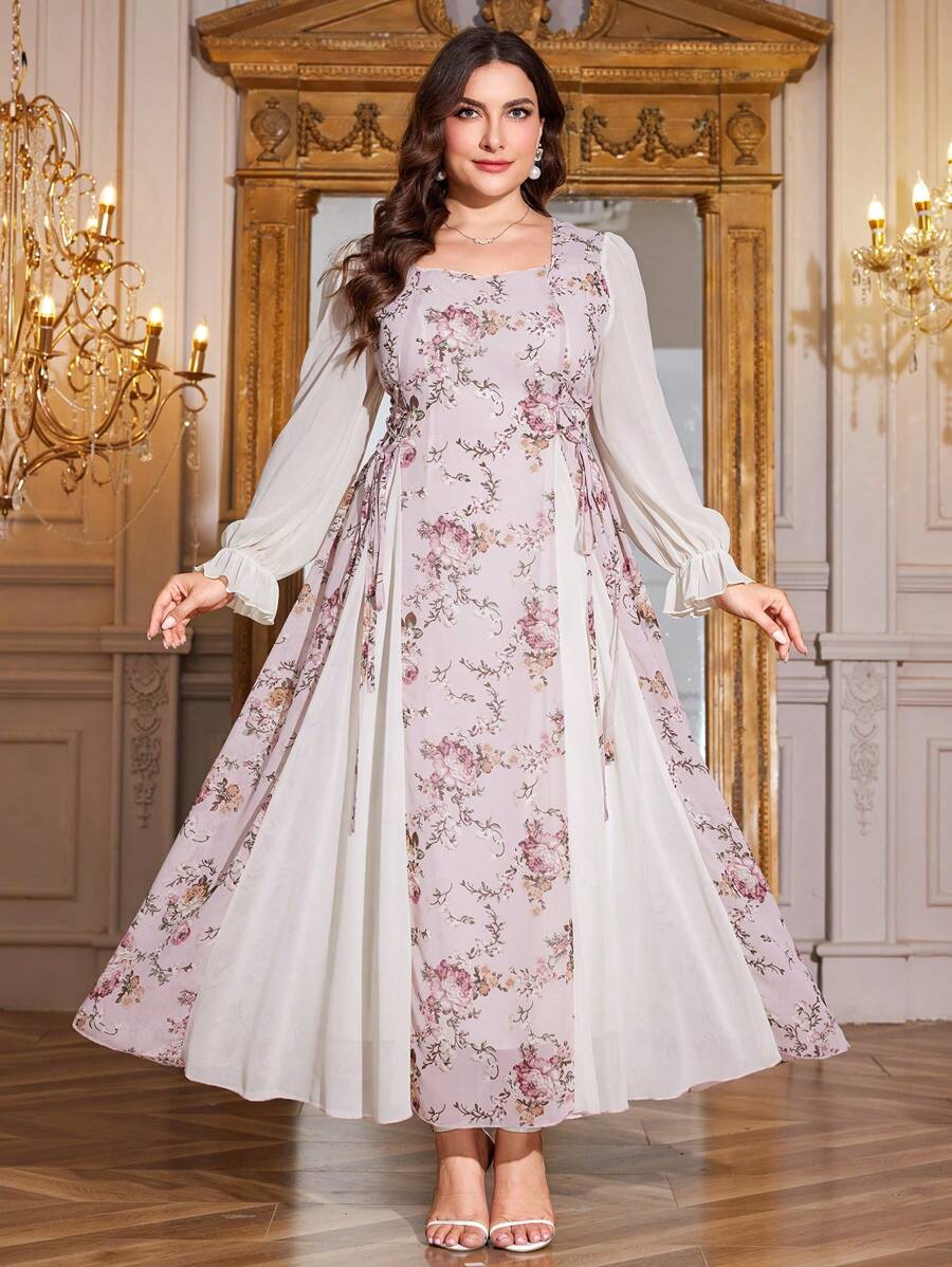 Modelyn Plus Size Women Floral Print Cinched Waist Square Neck Ruffle Hem Dress - Pink - View 1